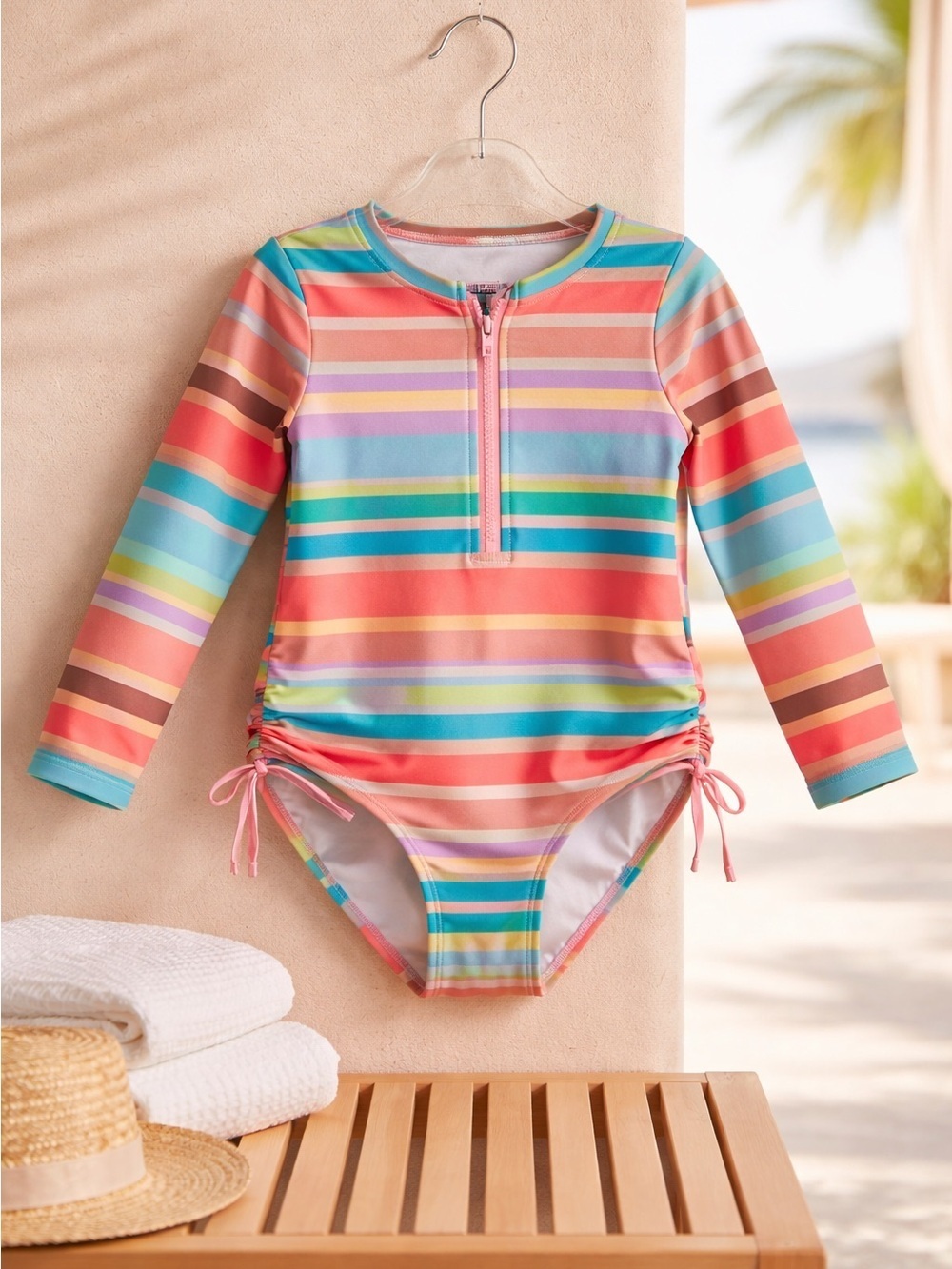NWOT Cat & Jack Toddler Girls One Piece e Rashguard Orange Pink Swimsuit- 3T